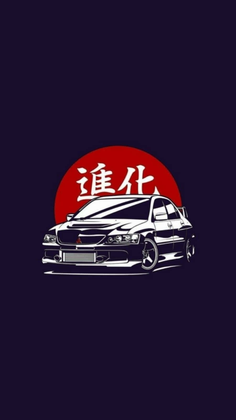 藝術 桌布 壁紙 — 一個風格化的黑色三菱Lancer Evolution剪影，站在一個帶有日文字元的紅色太陽前，背景為深藍色。