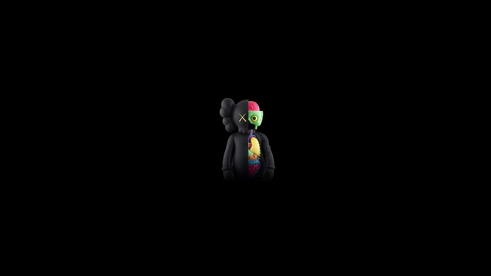 KAWS 桌布 壁紙 — 一個風格化的黑色人物，有著綠色臉孔和暴露的彩色器官，站在純黑色背景中央。