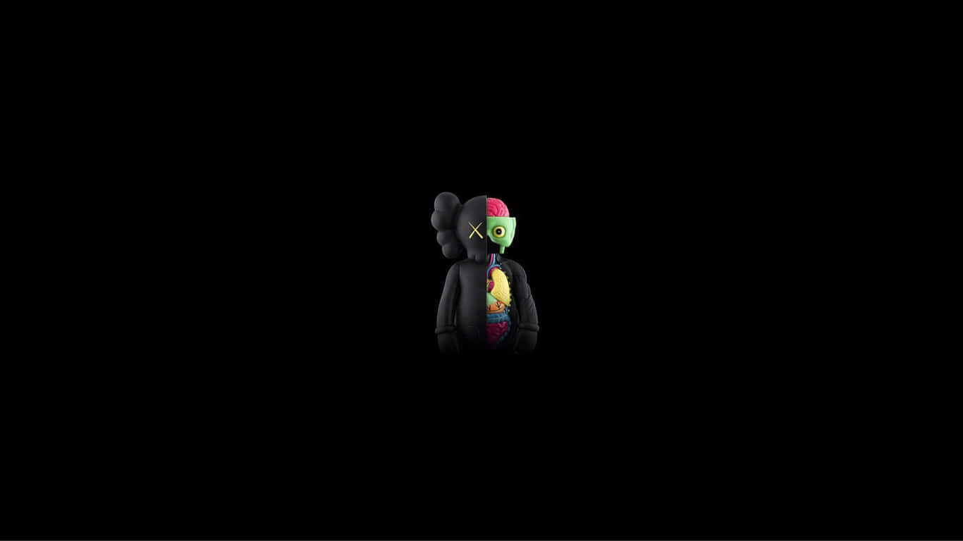 1366x768 Amoled 桌布 壁紙 — 一個風格化的黑色人物，綠色面孔，暴露的彩色器官，獨自站在純黑色背景前。