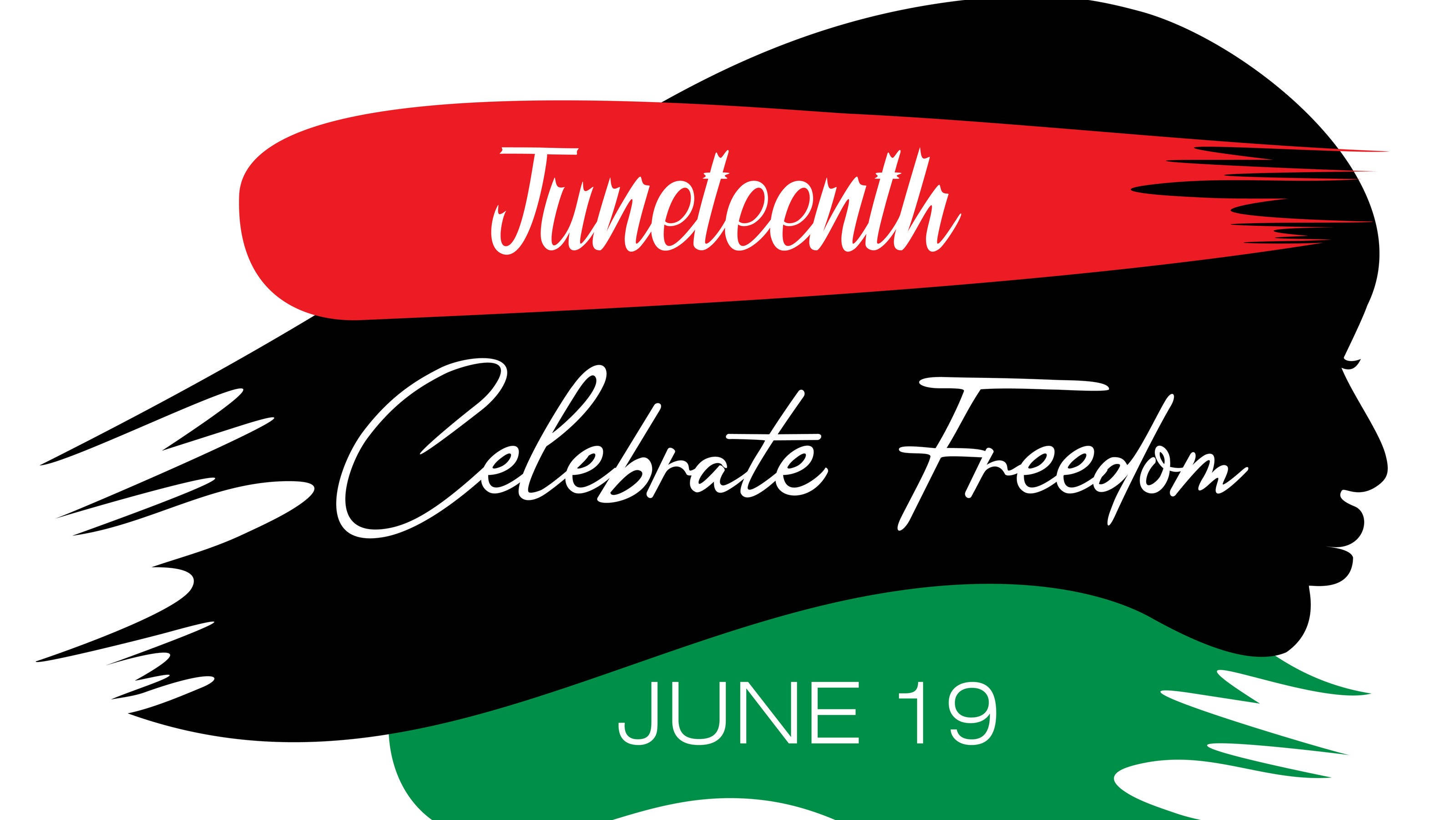 Juneteenth 桌布 壁紙 — 一個風格化的黑色人物側面剪影，帶有紅、綠、白色文字，慶祝6月19日的六月節自由。