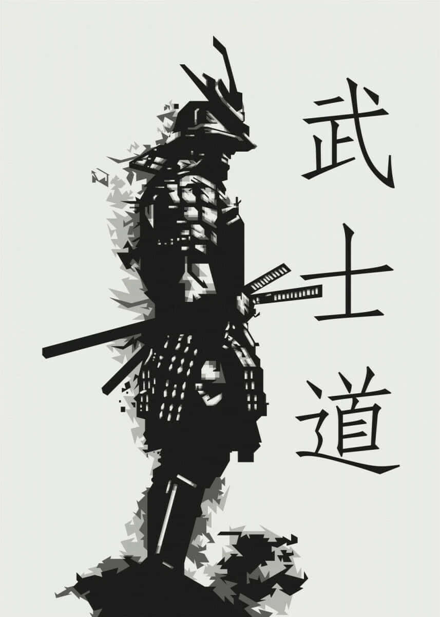 Bushido Samurai 桌布 壁紙 — 一個風格化的黑色剪影，描繪一位身穿全副盔甲的武士，手持武士刀，旁邊有日文字元。