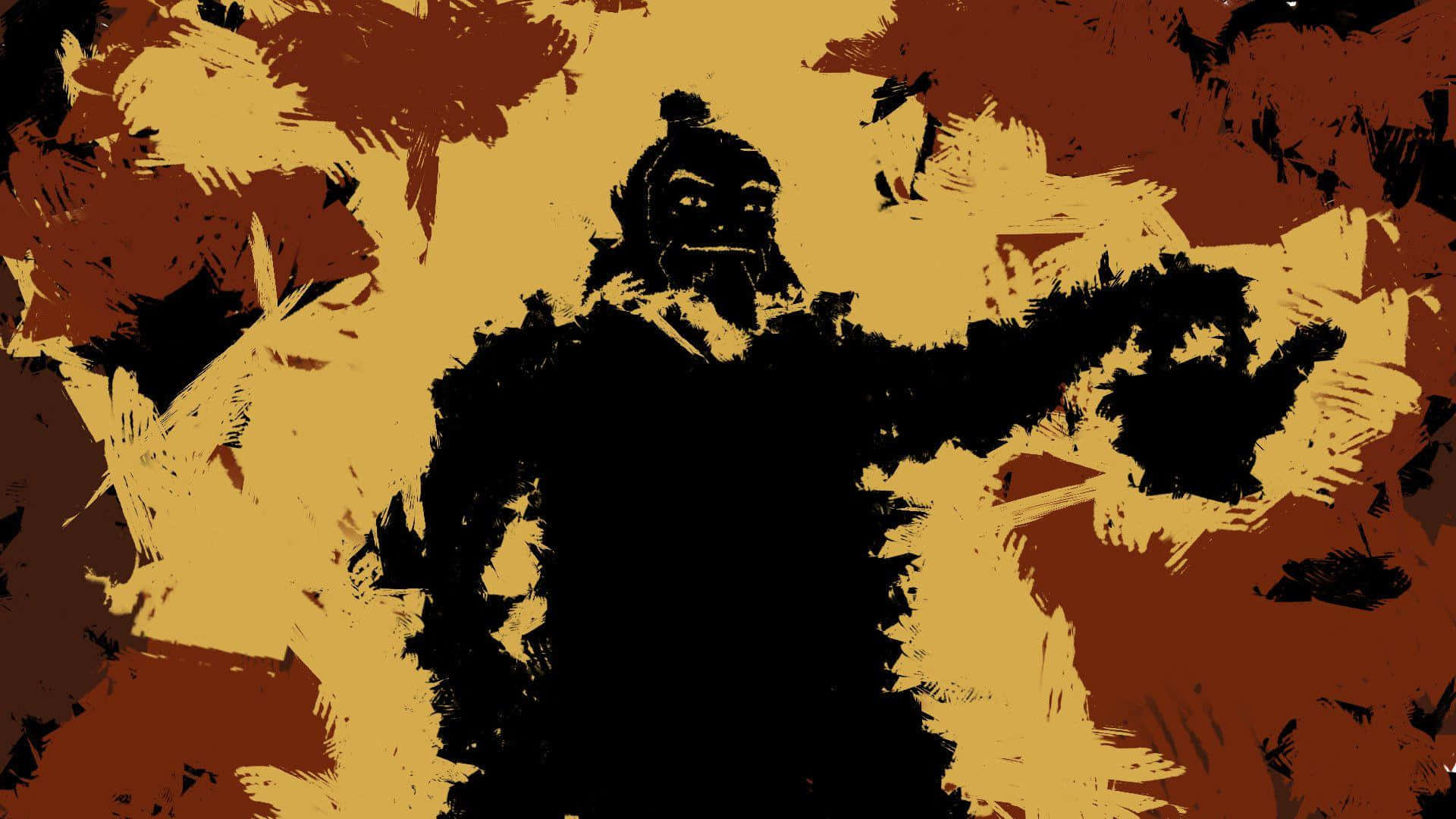 Uncle Iroh 桌布 壁紙 — 一個風格化的黑色剪影，描繪一位鬍鬚戰士高舉雙臂，背景為帶紋理的赭色和鏽色。