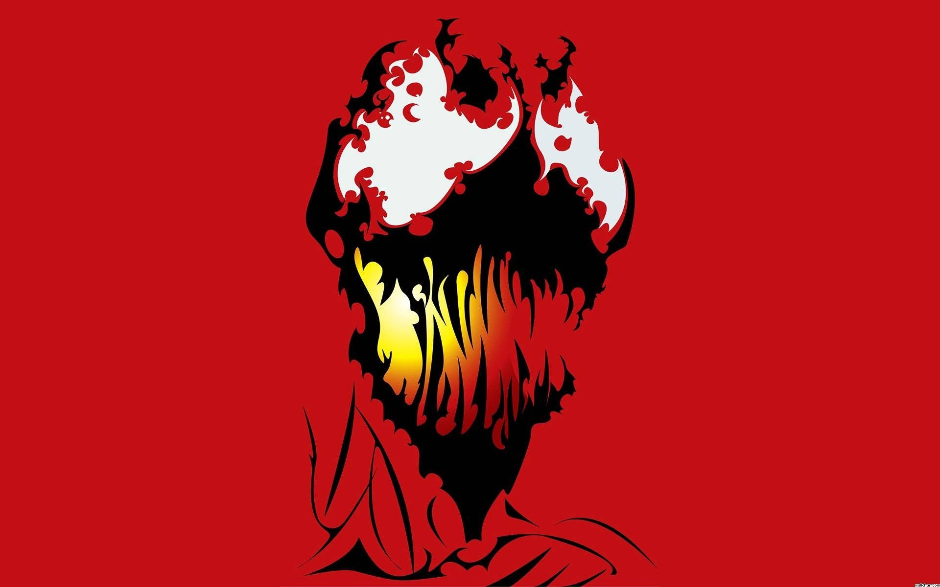 屠殺 桌布 壁紙 — 一個風格化的黑色剪影，描繪一個尖叫的臉孔，口中噴出白色和黃色的火焰，背景為純紅色。