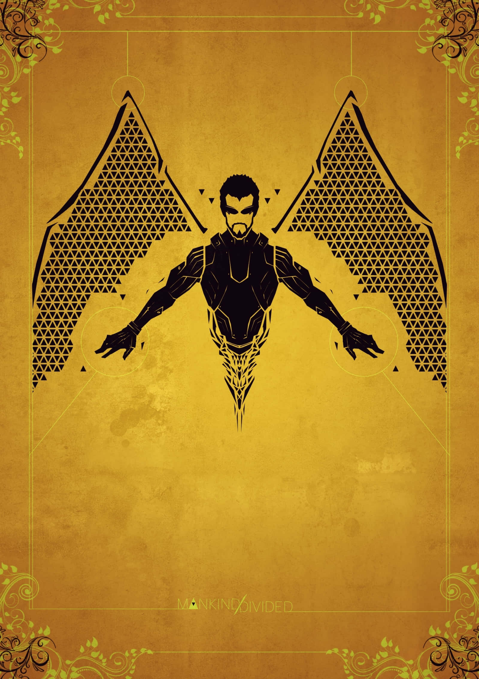 Android Deus Ex Mankind Divided 桌布 壁紙 — 一個風格化的黑色剪影，描繪一個帶有幾何翅膀的男人，背景是帶有紋理的金色，並以華麗的花卉角落框住。