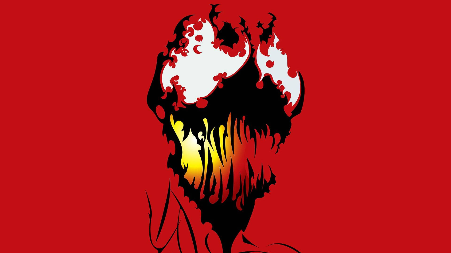 carnage 4K 桌布 壁紙 — 一個風格化的黑色剪影，描繪一張尖叫的臉，帶有白色和紅色的飛濺，以及一個火熱的黃橙色嘴巴，背景為純紅色。