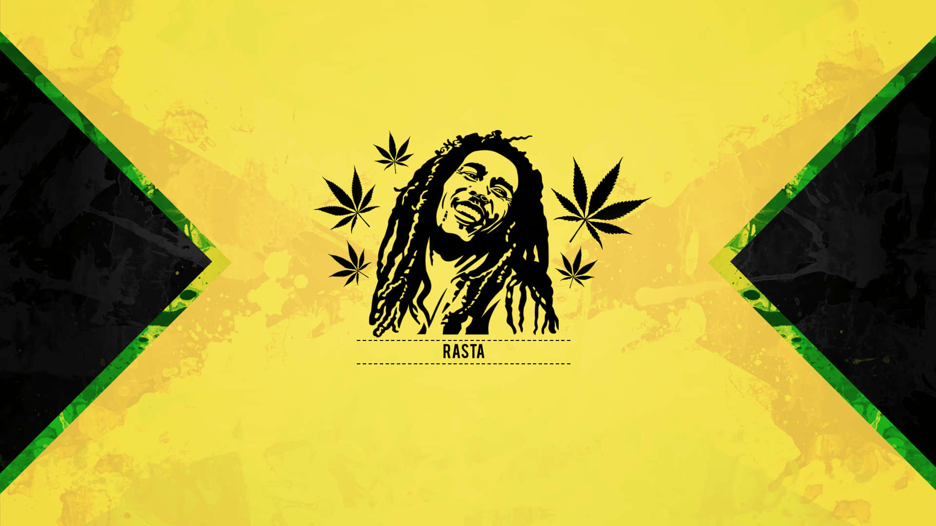 Rasta 桌布 壁紙 — 一個風格化的黑色剪影，描繪了 Bob Marley 的辮子和大麻葉，背景是帶有紋理的牙買加國旗。