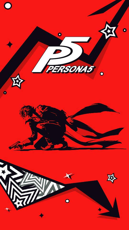 Persona 5 Phone 桌布 壁紙 — 一個風格化的黑色剪影角色，以動態蹲姿持槍，背景為大膽的紅色，帶有幾何形狀和星星。