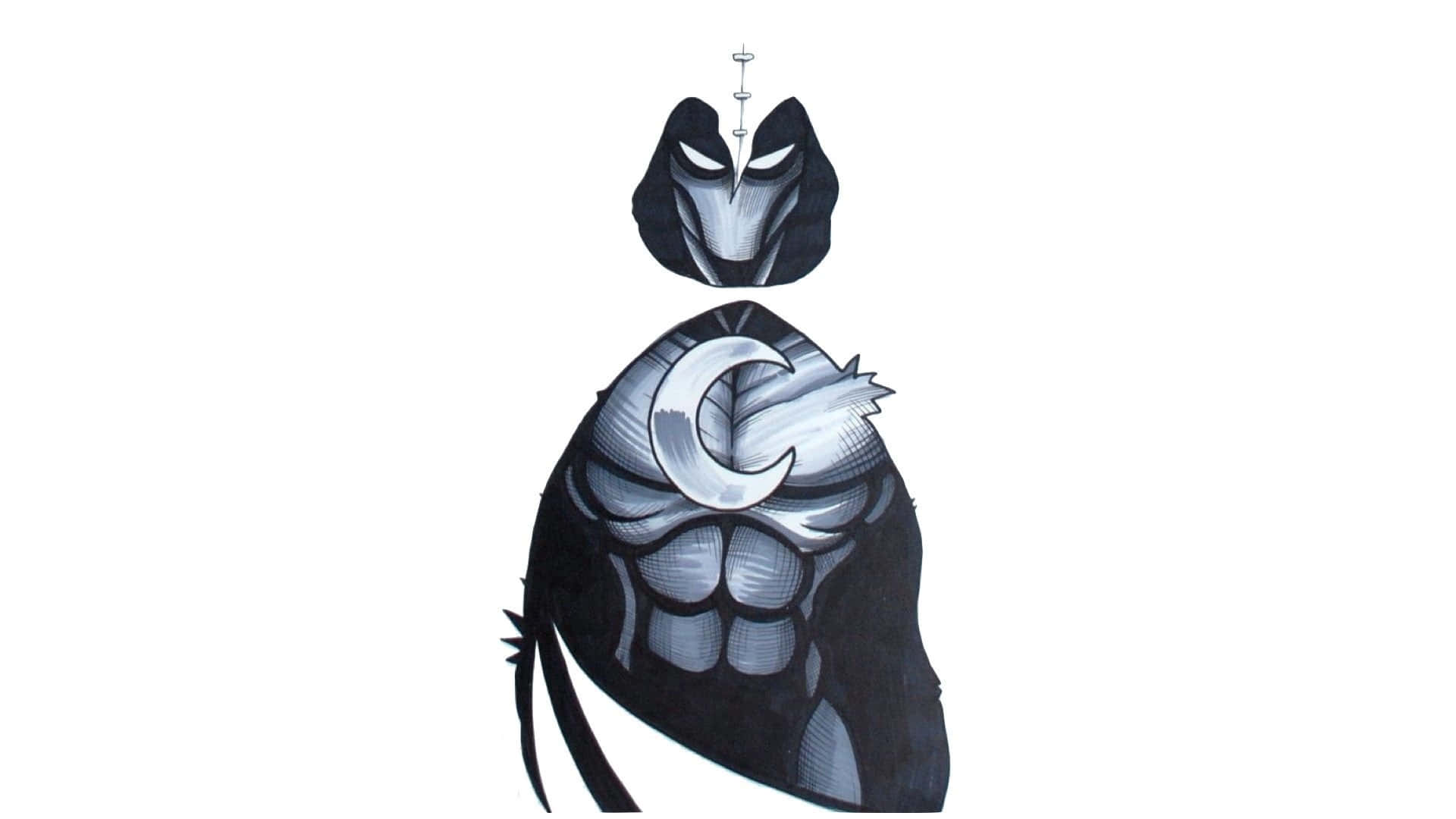 Moon Knight 桌布 壁紙 — 一個風格化的黑色和銀色裝甲人物，胸前有新月徽章，頭盔有發光的眼睛。