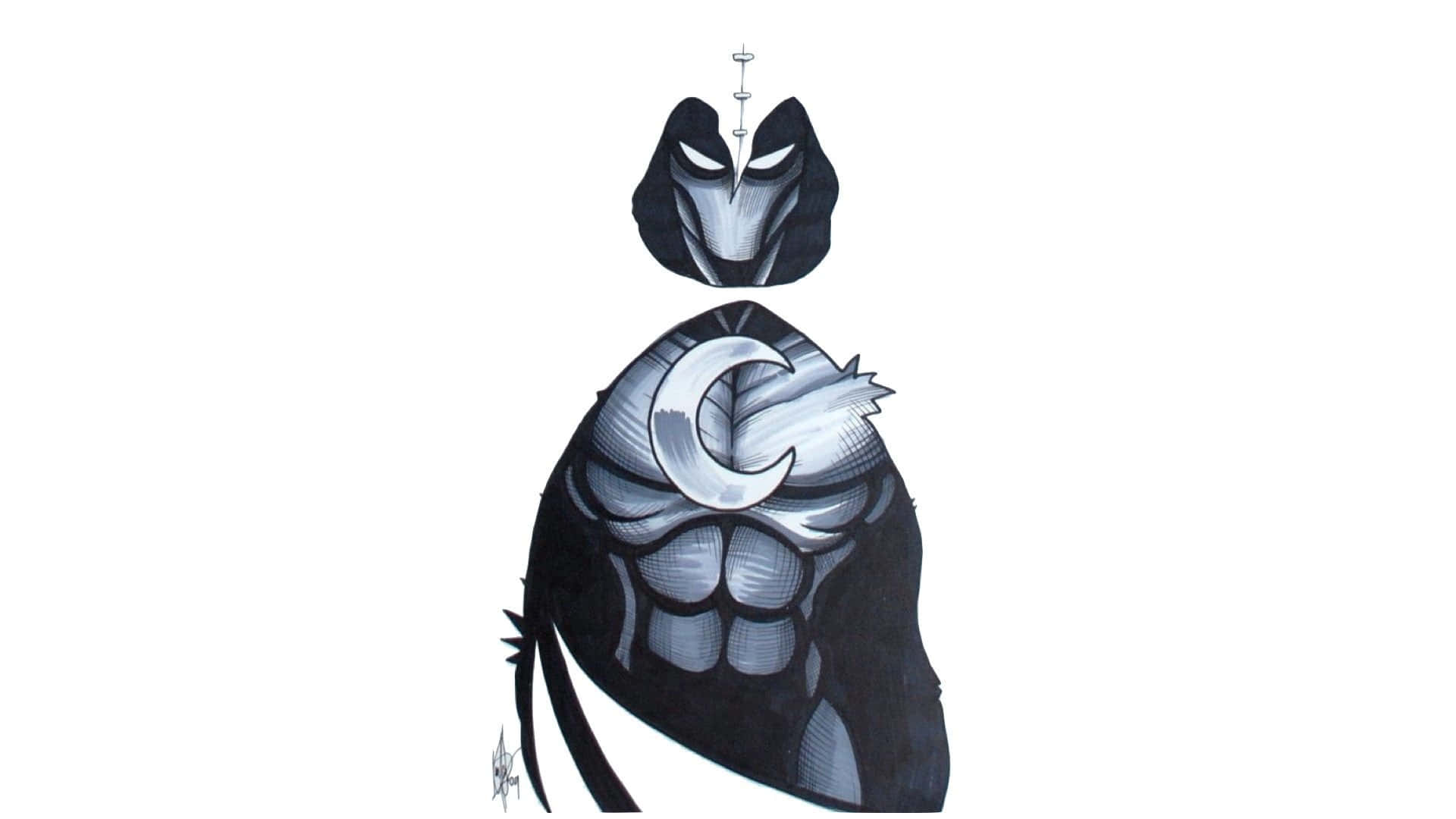 Moon Knight 桌布 壁紙 — 一個風格化的黑色和銀色裝甲人物，帶有新月徽章和發光的眼睛，站在純白色的背景前。