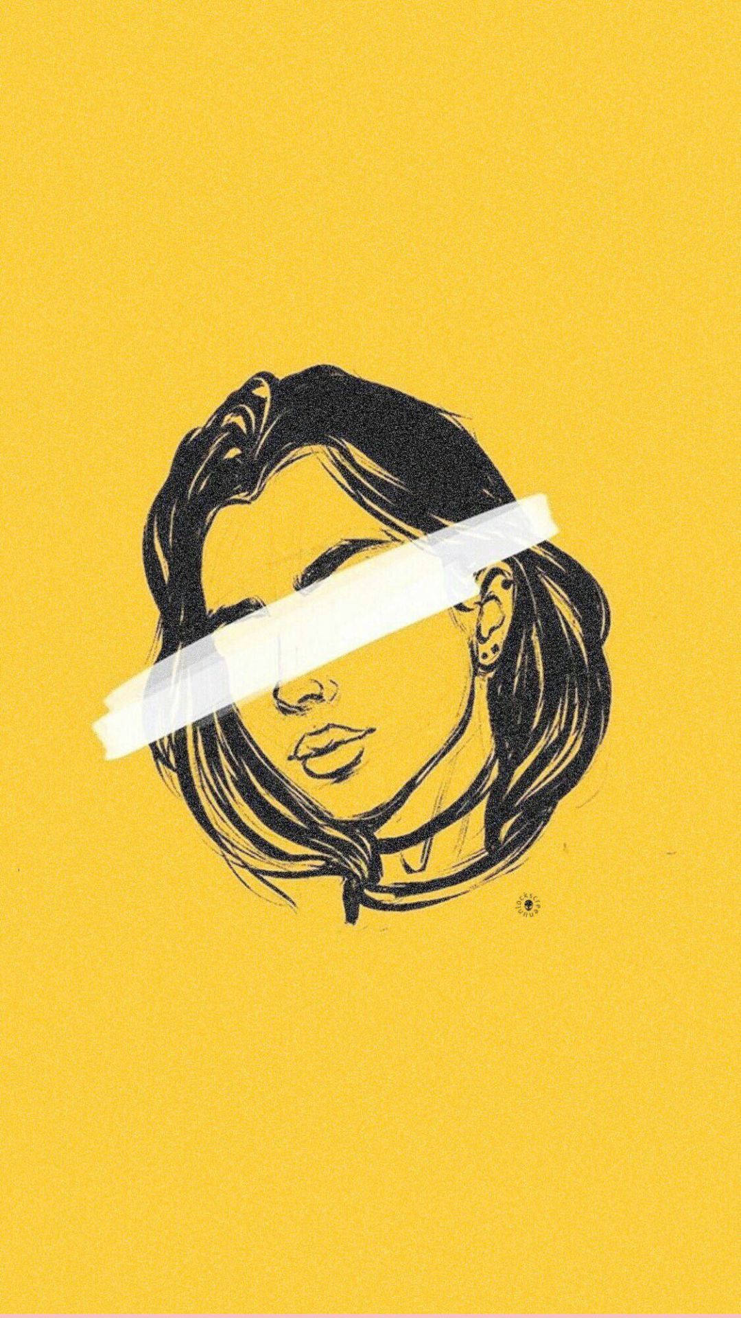Profile 桌布 壁紙 — 一個風格化的黑色墨水插圖，描繪一個女人的臉，眼睛上貼著白色膠帶，背景為純黃色。