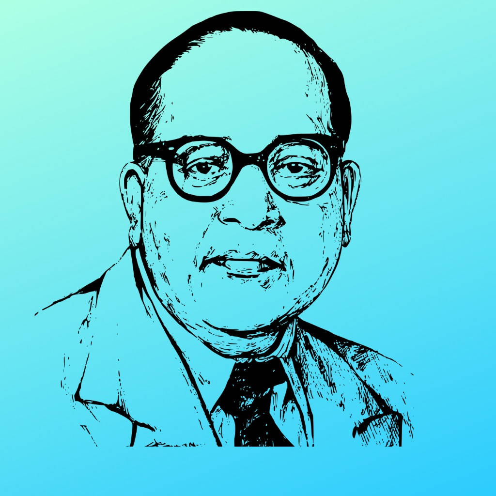 Dr Babasaheb Ambedkar 桌布 壁紙 — 一個風格化的黑色墨水肖像，描繪一位戴眼鏡、穿西裝的男士，背景為青色漸變色。
