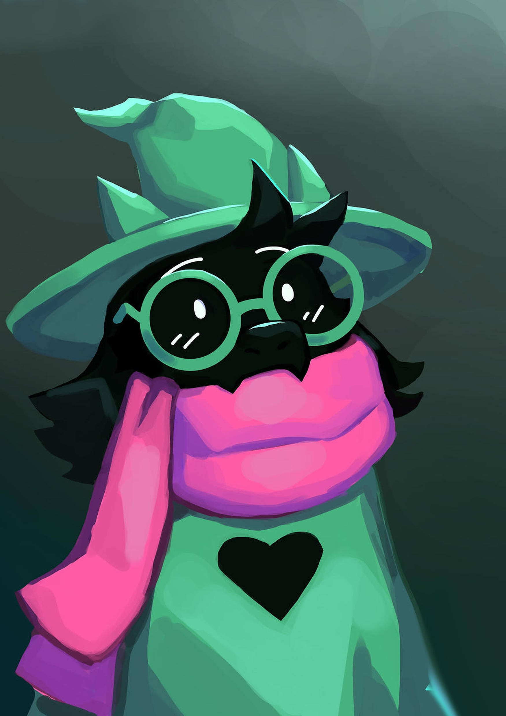 Ralsei 桌布 壁紙 — 一個風格化的黑色小鳥角色，戴著藍綠色巫師帽、圓框眼鏡和一條亮粉紅色圍巾，背景是深色漸層。