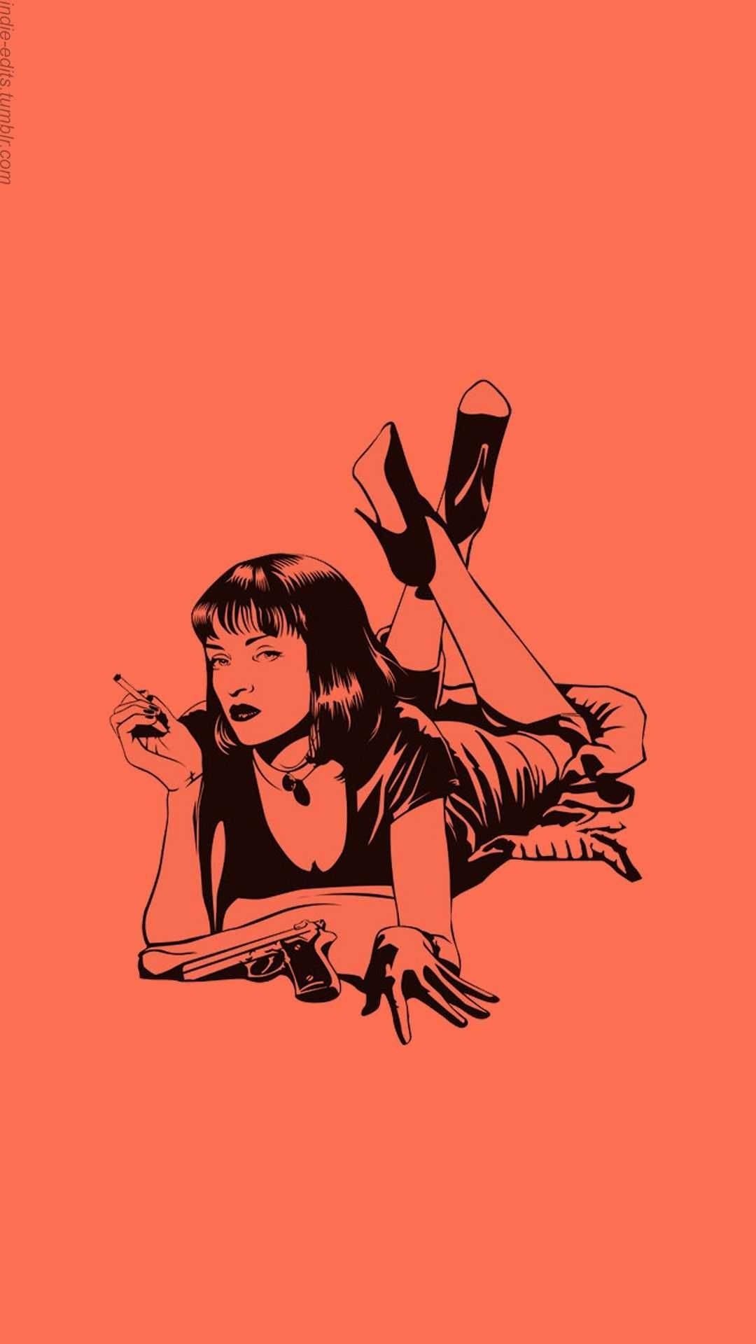 電影動圖 桌布 壁紙 — 一個風格化的黑色插圖，描繪一位躺著的女性，手持香煙和槍支，背景為純珊瑚色。