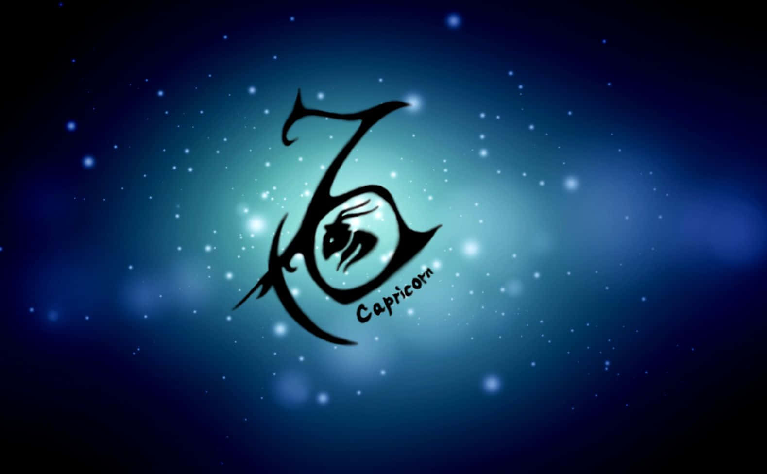 摩羯座 桌布 壁紙 — 一個風格化的黑色摩羯座星座符號在星光閃爍的藍色宇宙背景中發光。