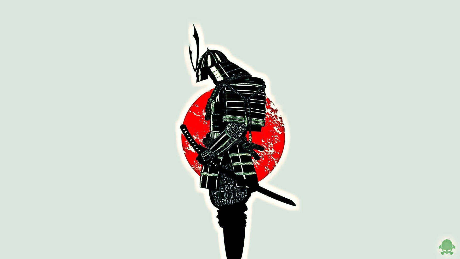 武士動畫 桌布 壁紙 — 一個風格化的黑色武士剪影站在有紋理的紅色太陽前，背景是淡綠色。