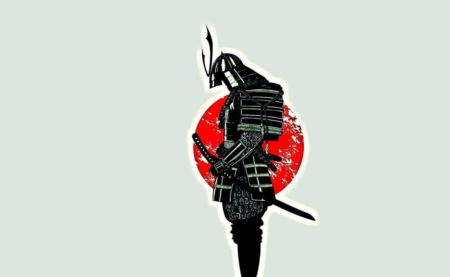 藝術 桌布 壁紙 — 一個風格化的黑色武士戰士剪影站在一個有紋理的紅色太陽前，背景是淡綠色。