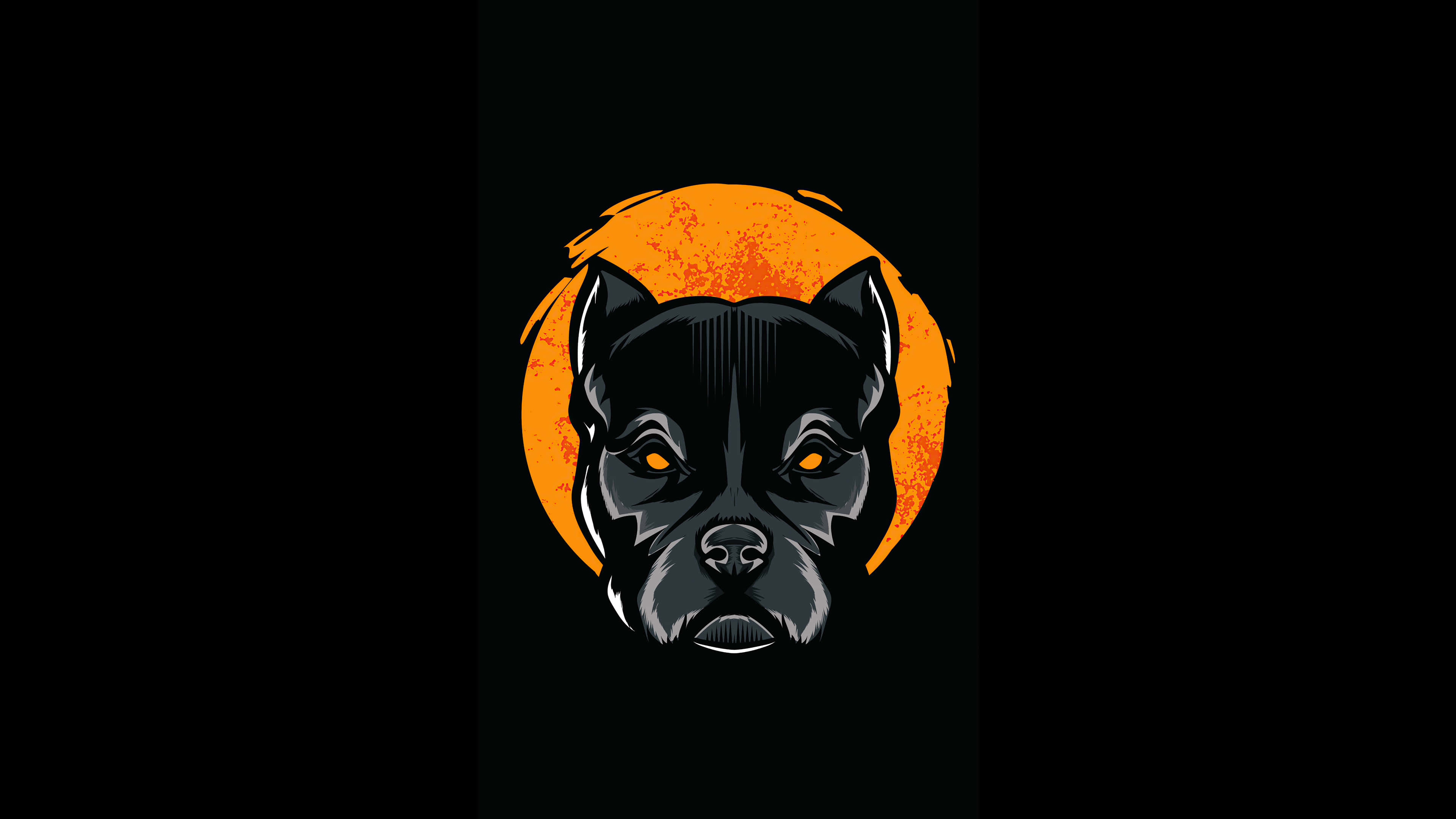 Black Pitbull 桌布 壁紙 — 一個風格化的黑色狗頭，帶有發光的橙色眼睛，在深色背景上以紋理橙色太陽為背景。