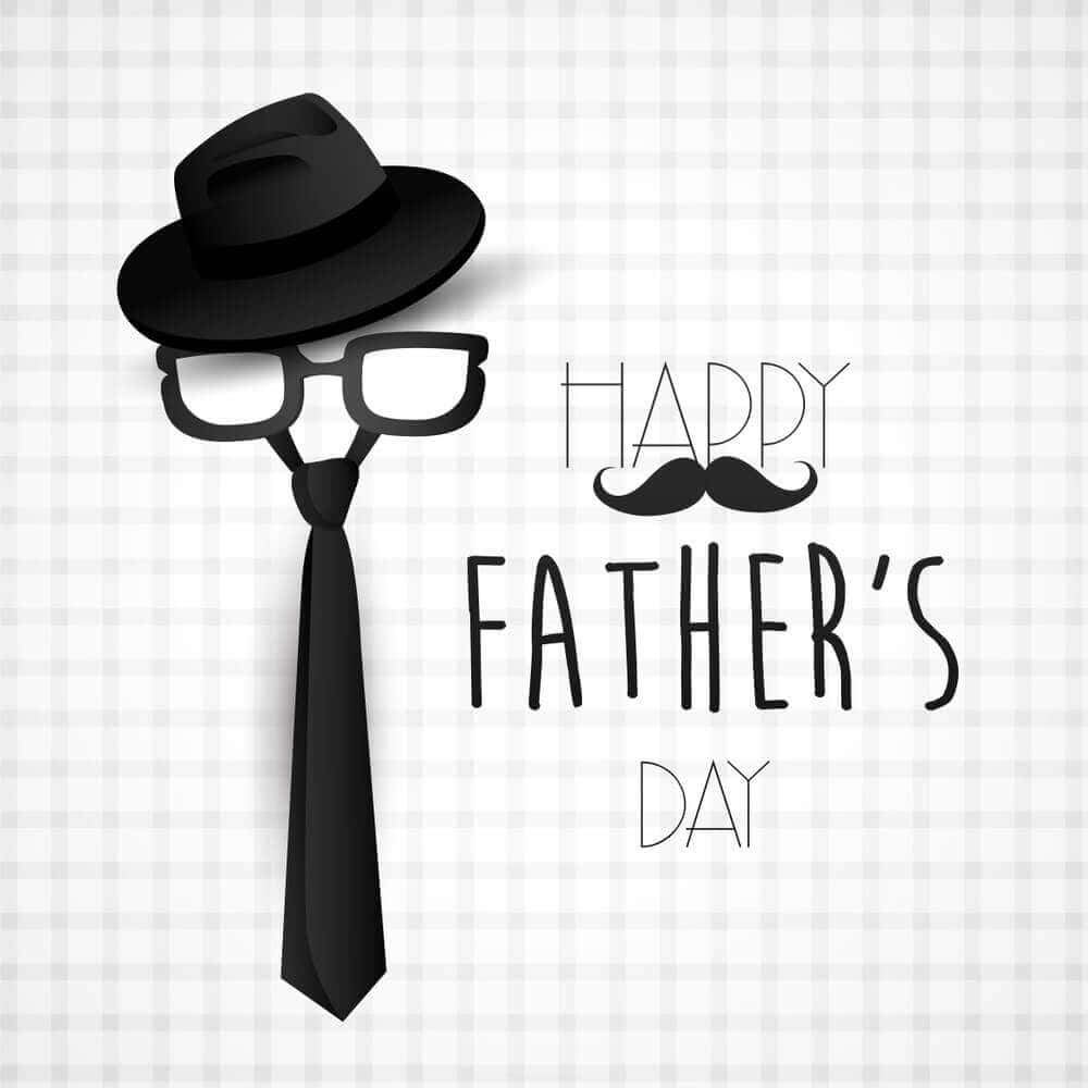 Fathers Day 桌布 壁紙 — 一個風格化的黑色紳士帽、眼鏡和領帶圖標，在格子背景上帶有「Happy Father's Day」文字。