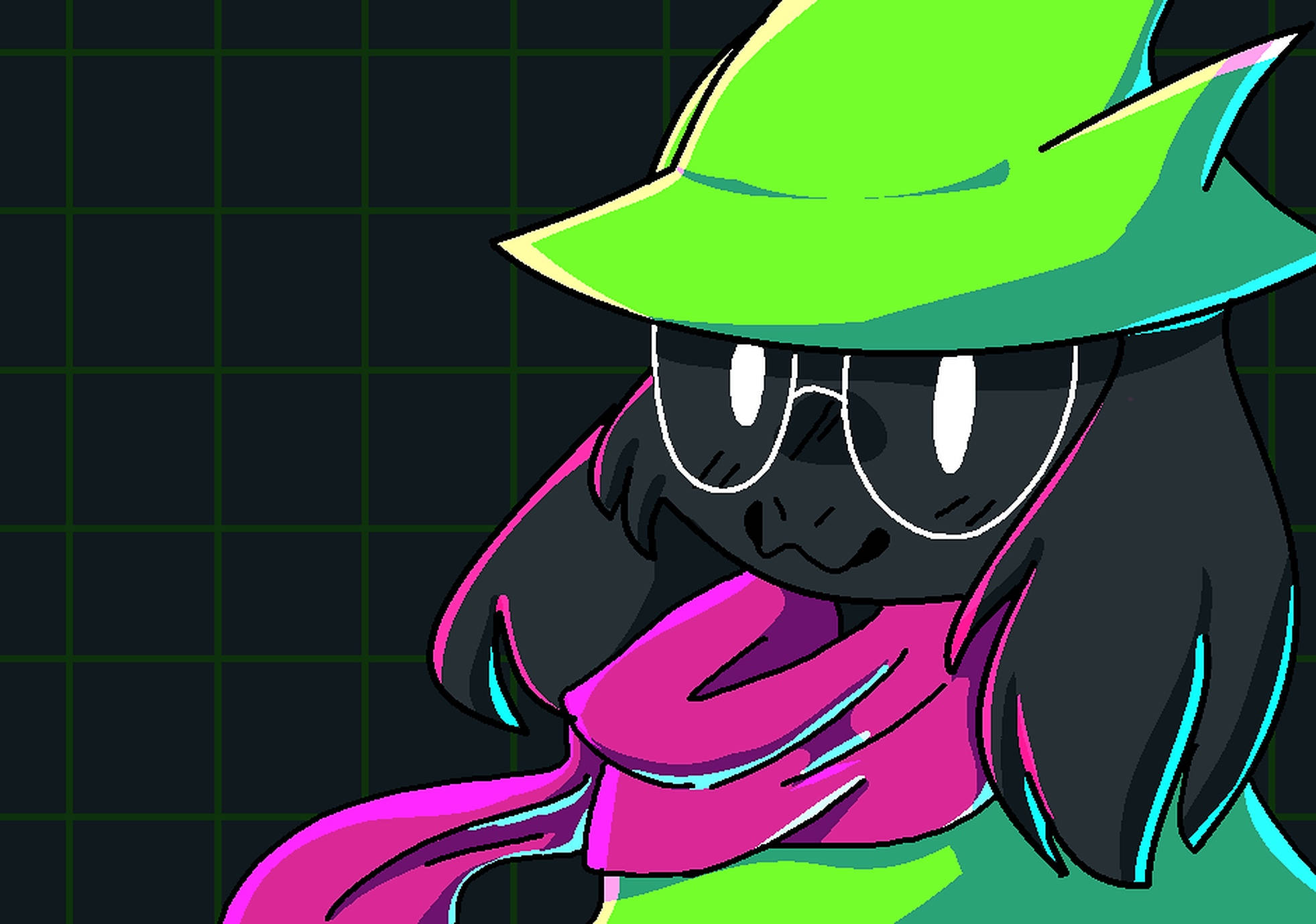 Ralsei 桌布 壁紙 — 一個風格化的黑色角色，帶有發光的白色眼睛，戴著螢光綠色帽子和粉紅色圍巾，背景為深色網格。
