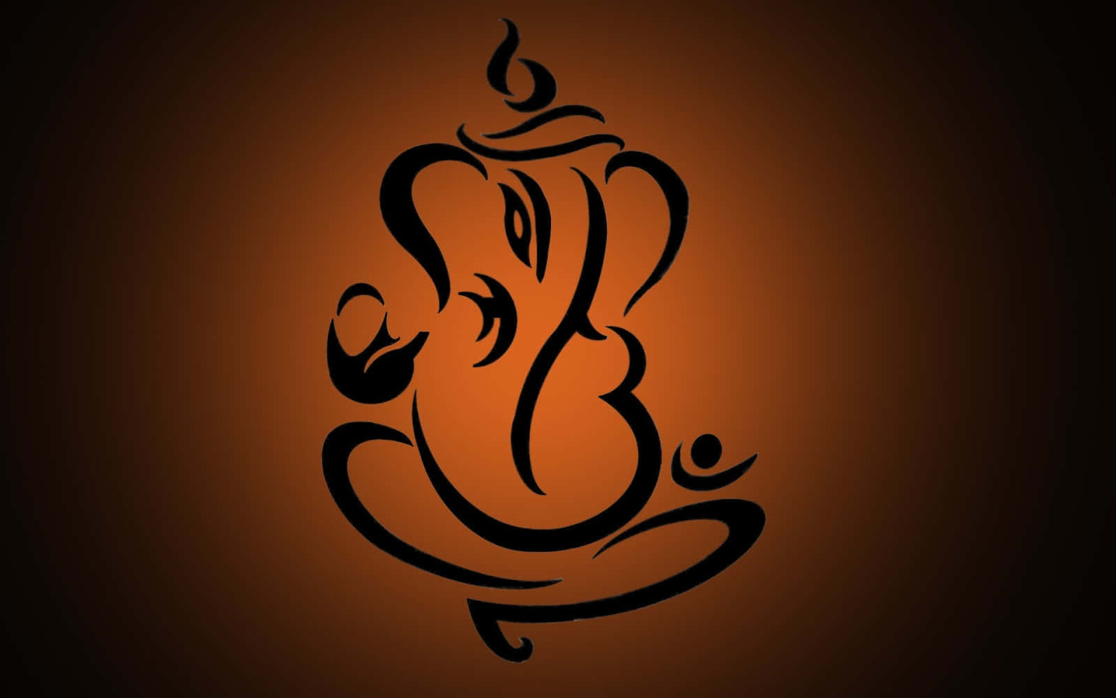 Ganesh 桌布 壁紙 — 一個風格化的黑色象頭神剪影，以流暢線條呈現，背景為溫暖的橙色漸變。
