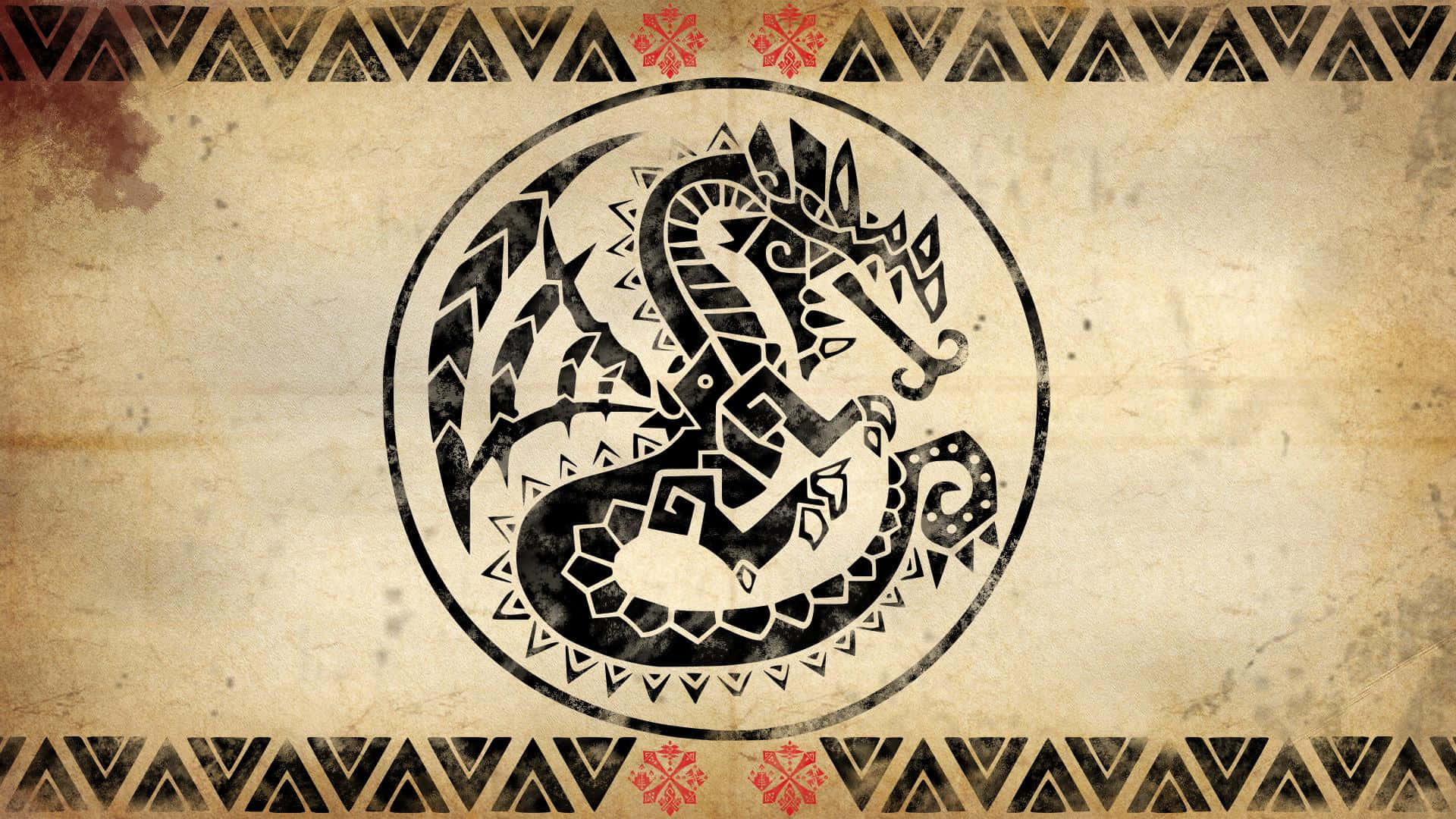 Monster Hunter Desktop 桌布 壁紙 — 一個風格化的黑色部落龍盤繞在圓圈內，位於陳舊羊皮紙上，帶有幾何邊框和紅色雪花點綴。