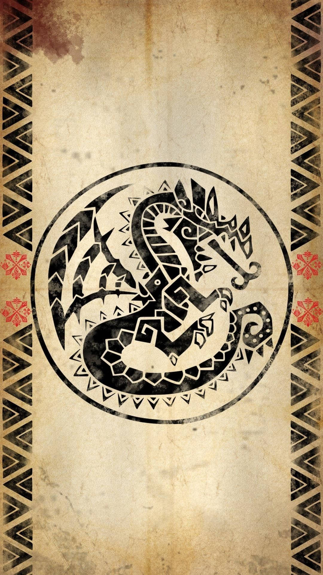 monster hunter iPhone 桌布 壁紙 — 一個風格化的黑色部落龍盤繞在圓圈中，位於帶有幾何邊框和紅色花卉點綴的舊羊皮紙上。