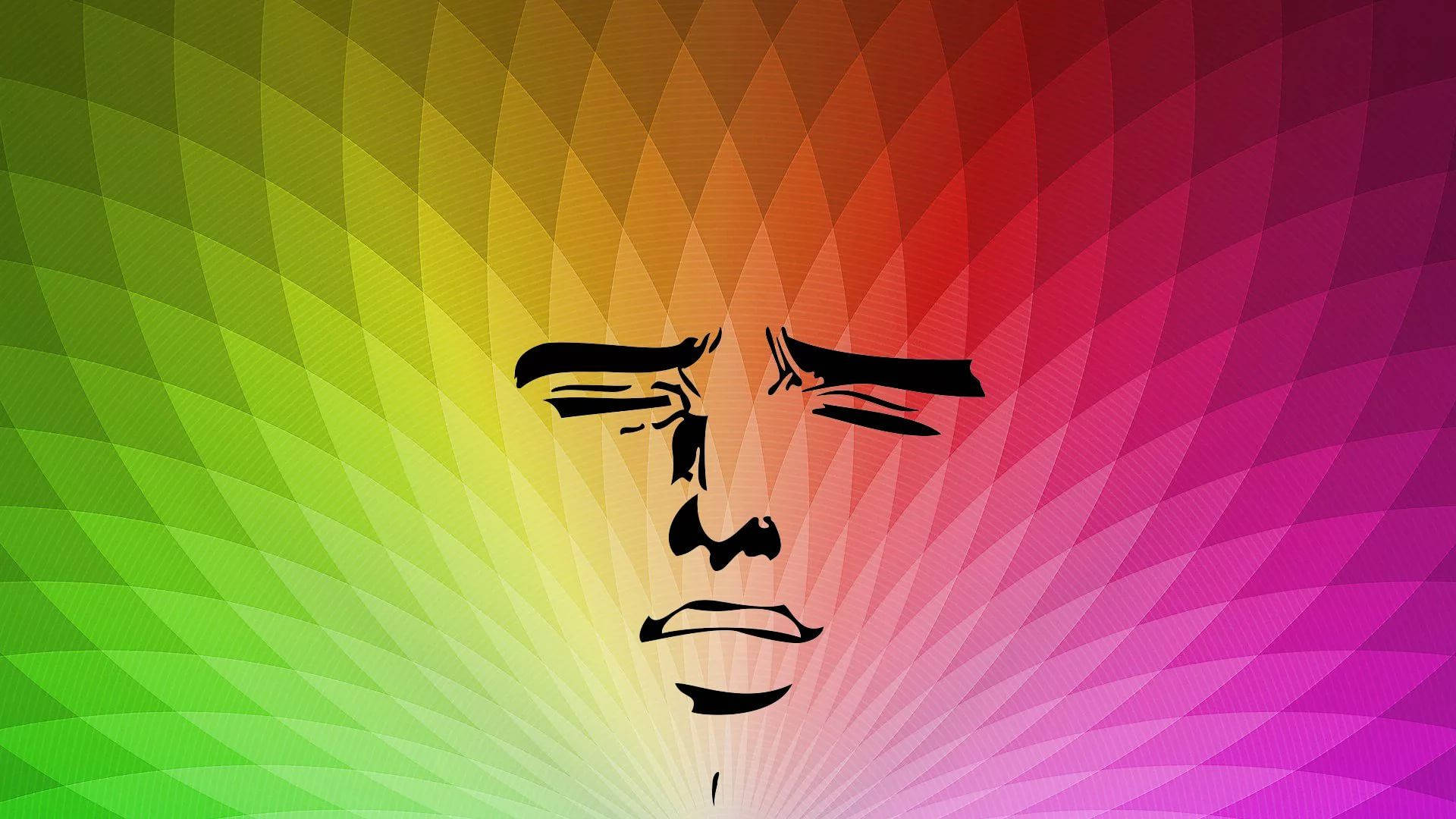 meme 桌布 壁紙 — 一個風格化的黑色面孔，眉頭緊鎖，嘴角下垂，背景是充滿活力的彩虹漸變和幾何菱形圖案。