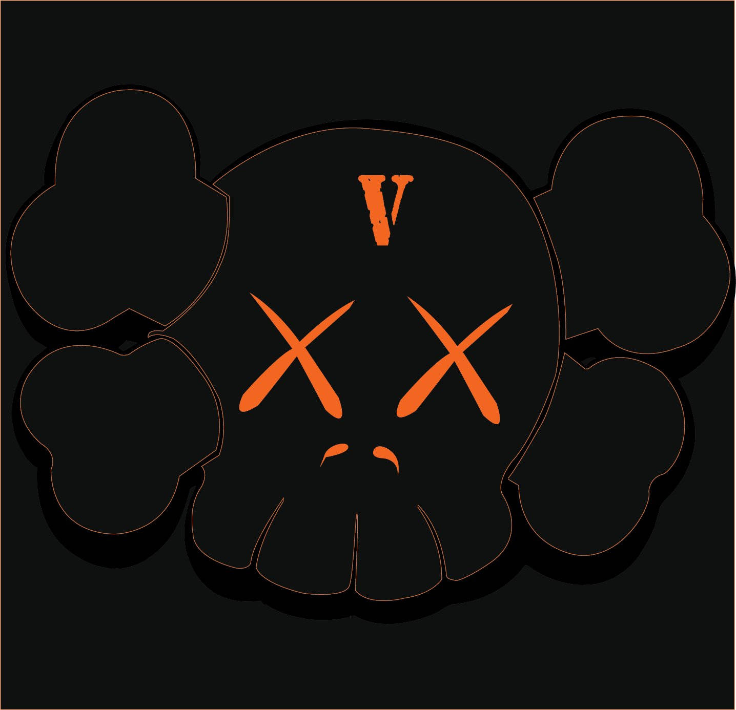 Vlone 桌布 壁紙 — 一個風格化的黑色骷髏頭，帶有橙色X形眼睛和額頭上的V形符號，以橙色勾勒在深色背景上。
