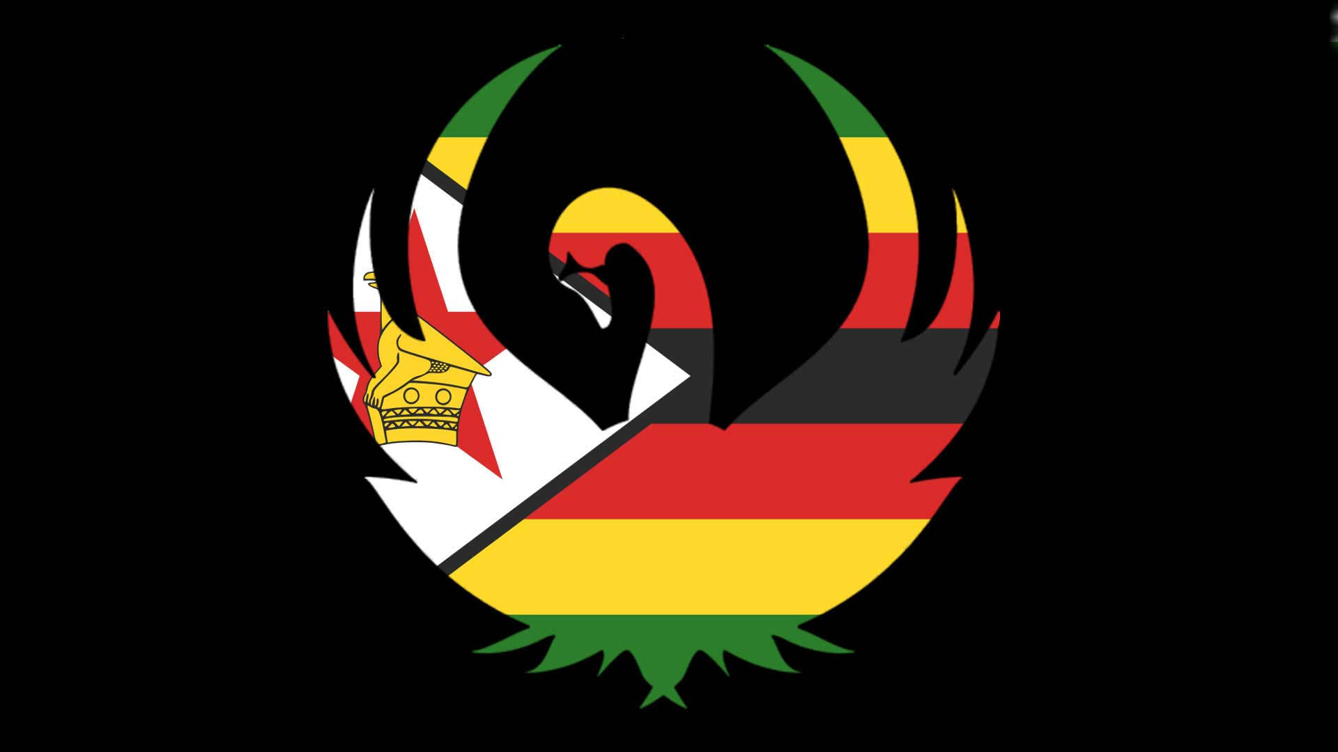 Zimbabwe 桌布 壁紙 — 一個風格化的黑色鳥類剪影，其翅膀和身體由色彩繽紛的旗幟圖案構成，背景為黑色。