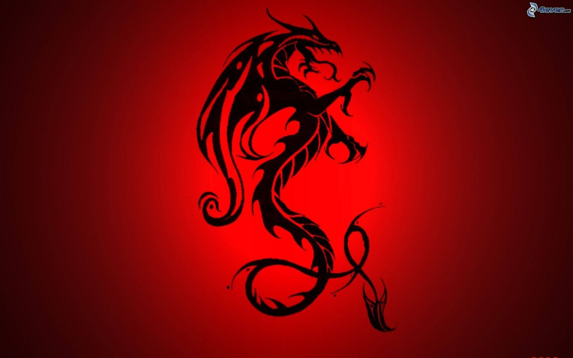 龍 桌布 壁紙 — 一個風格化的黑色龍剪影，帶有複雜的部落圖案，在紅色漸變背景上動態盤繞。