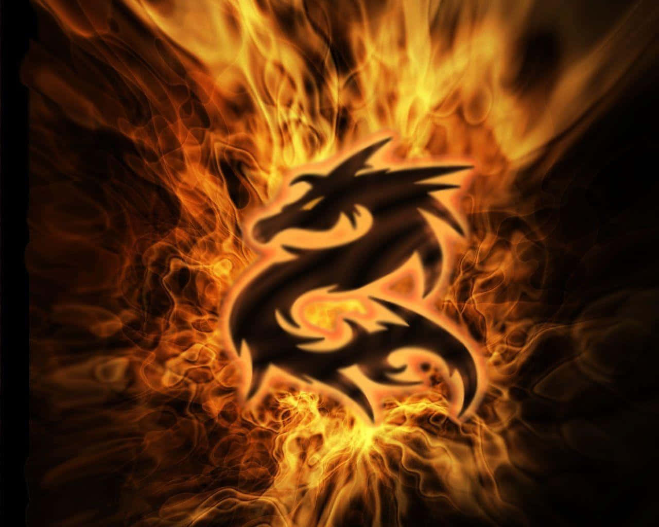 Cool Fire 桌布 壁紙 — 一個風格化的黑色龍剪影從旋轉的橙色和黃色火焰中浮現，背景為深色。