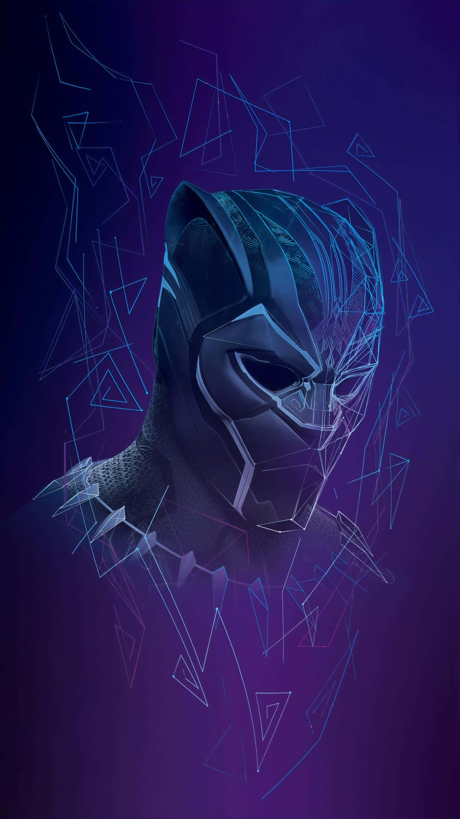 Black Panther Hero 桌布 壁紙 — 一個風格化的黑豹數位肖像，帶有發光的藍色幾何線條，背景為深紫色。