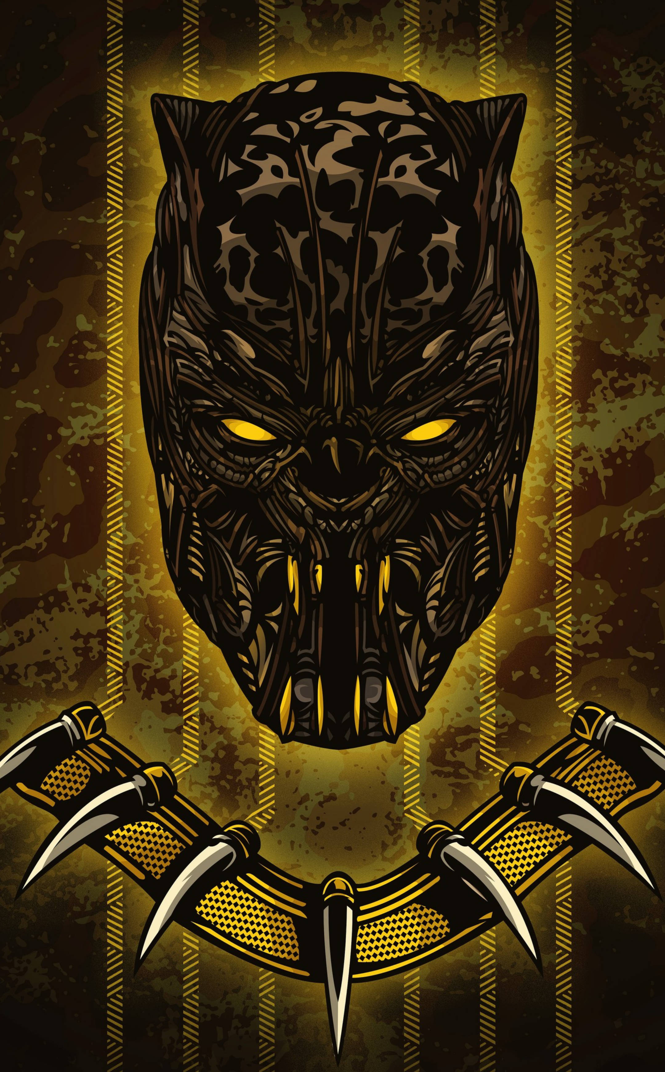 Killmonger 桌布 壁紙 — 一個風格化的黑豹面具，帶有發光的黃色眼睛和金屬爪子，背景為有紋理的金色和棕色。