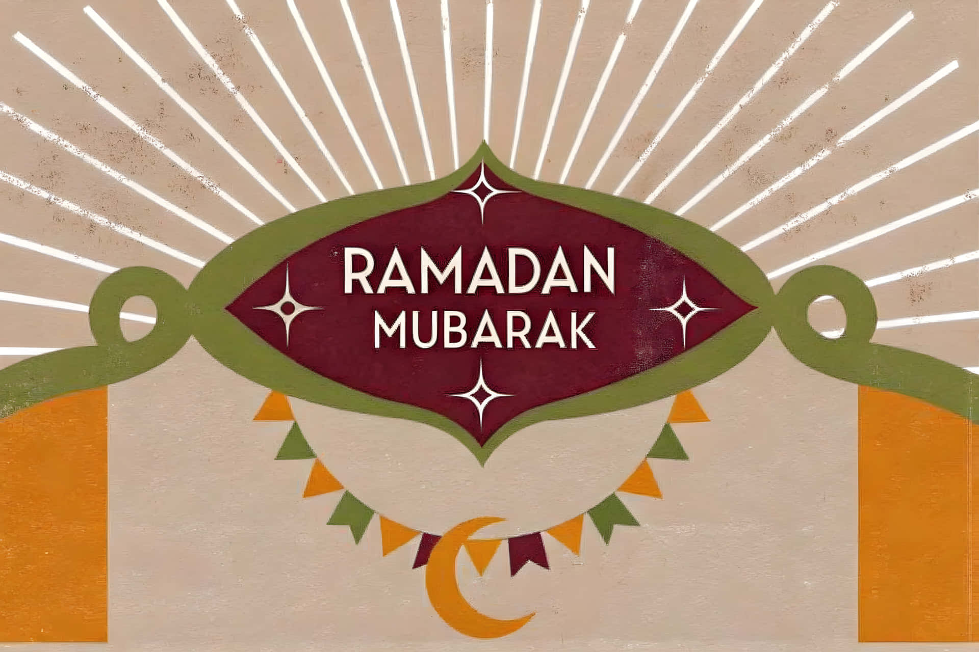 Beautiful greeting card of ramadan mubarak 壁紙 — 一個風格化的齋戒月祝福，帶有栗色橫幅、綠色邊框和米色背景上放射狀的白色線條。