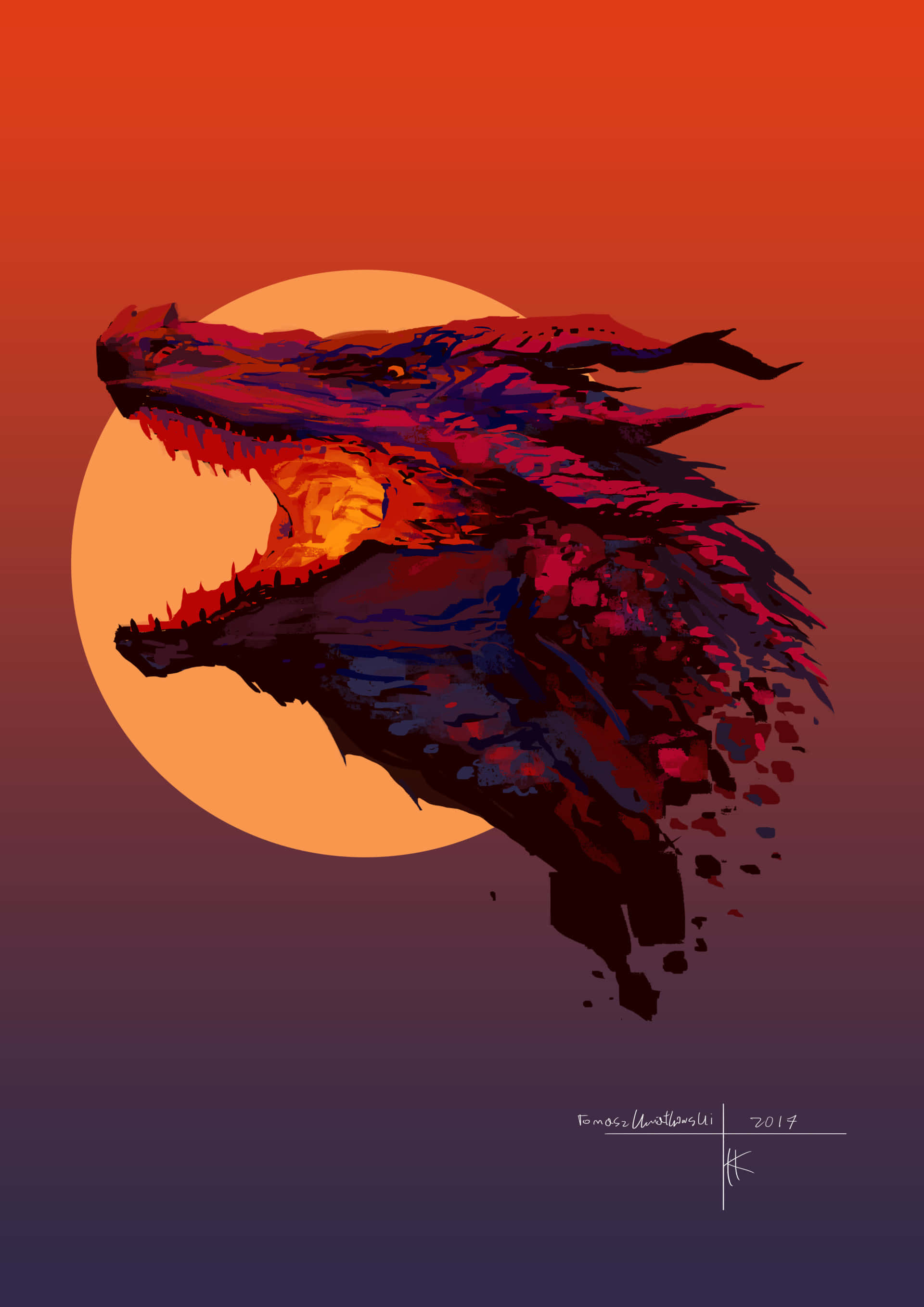 dracarys 桌布 壁紙 — 一個風格化的龍頭對著火橙色的太陽咆哮，天空呈現紅色和紫色的漸變。