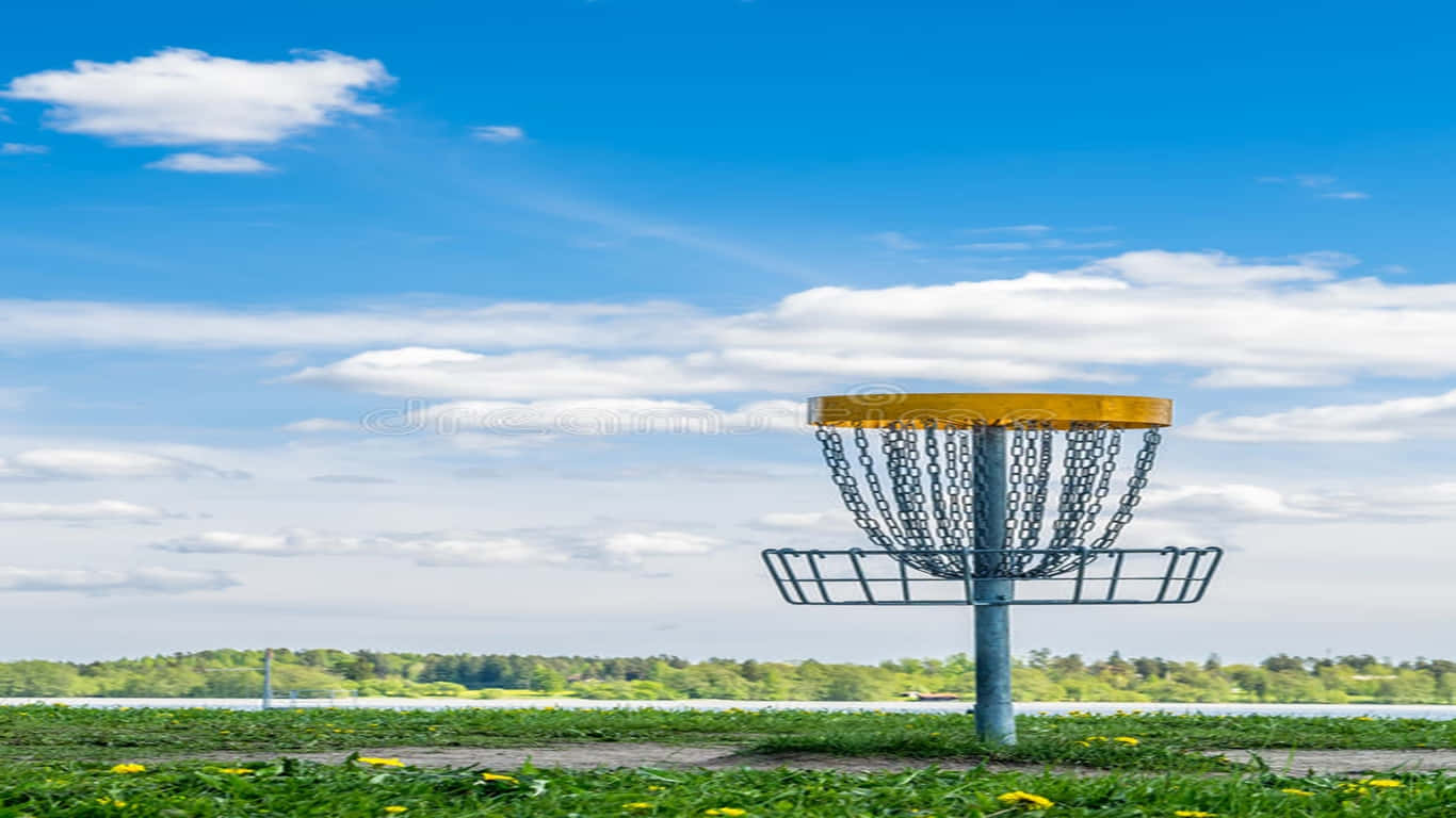 1366x768 Ultimate Frisbee 桌布 壁紙 — 一個飛盤高爾夫球籃獨自立在長滿黃花的草地上，上方是點綴著蓬鬆白雲的明亮藍天。