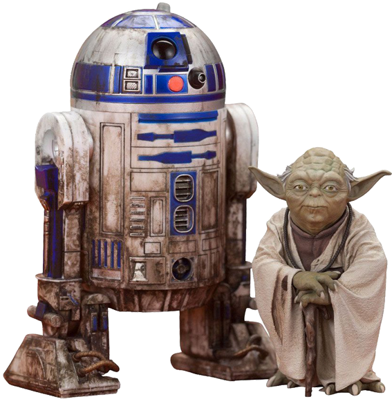 尤達 桌布 壁紙 — 一個飽經風霜的R2-D2站在身穿米色長袍、手持法杖的智者尤達旁邊，背景是純黑色。