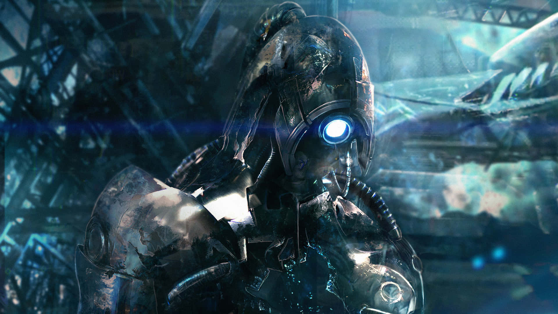 Mass Effect 2 桌布 壁紙 — 一個飽經風霜的機械戰士，有著發光的藍色眼睛，站在 dystopian 廢墟中破碎的金屬碎片之間。