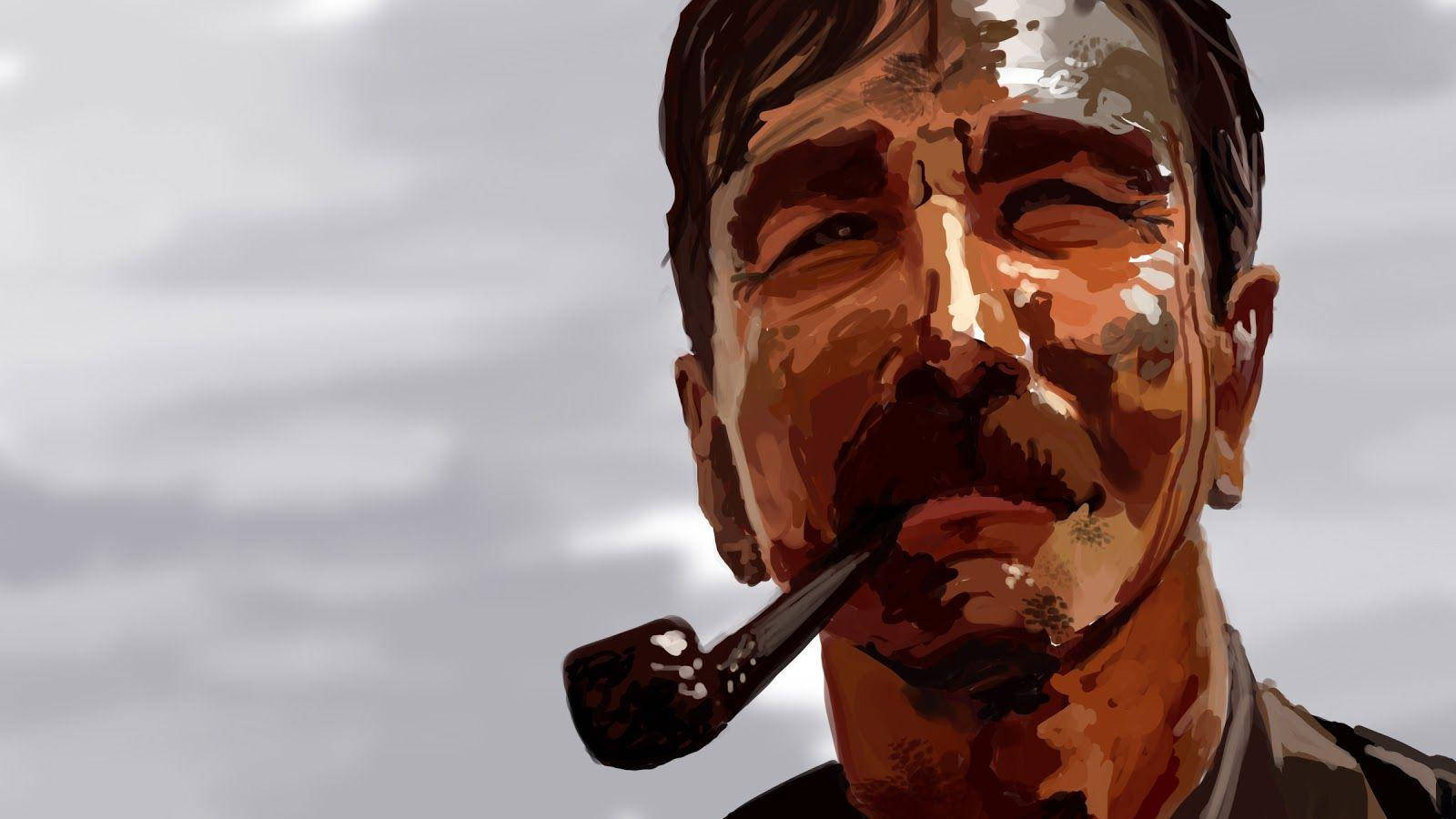 Painting 桌布 壁紙 — 一個飽經風霜的男人嘴裡叼著煙斗，在陰天的天空下以繪畫般的數位風格凝視著。