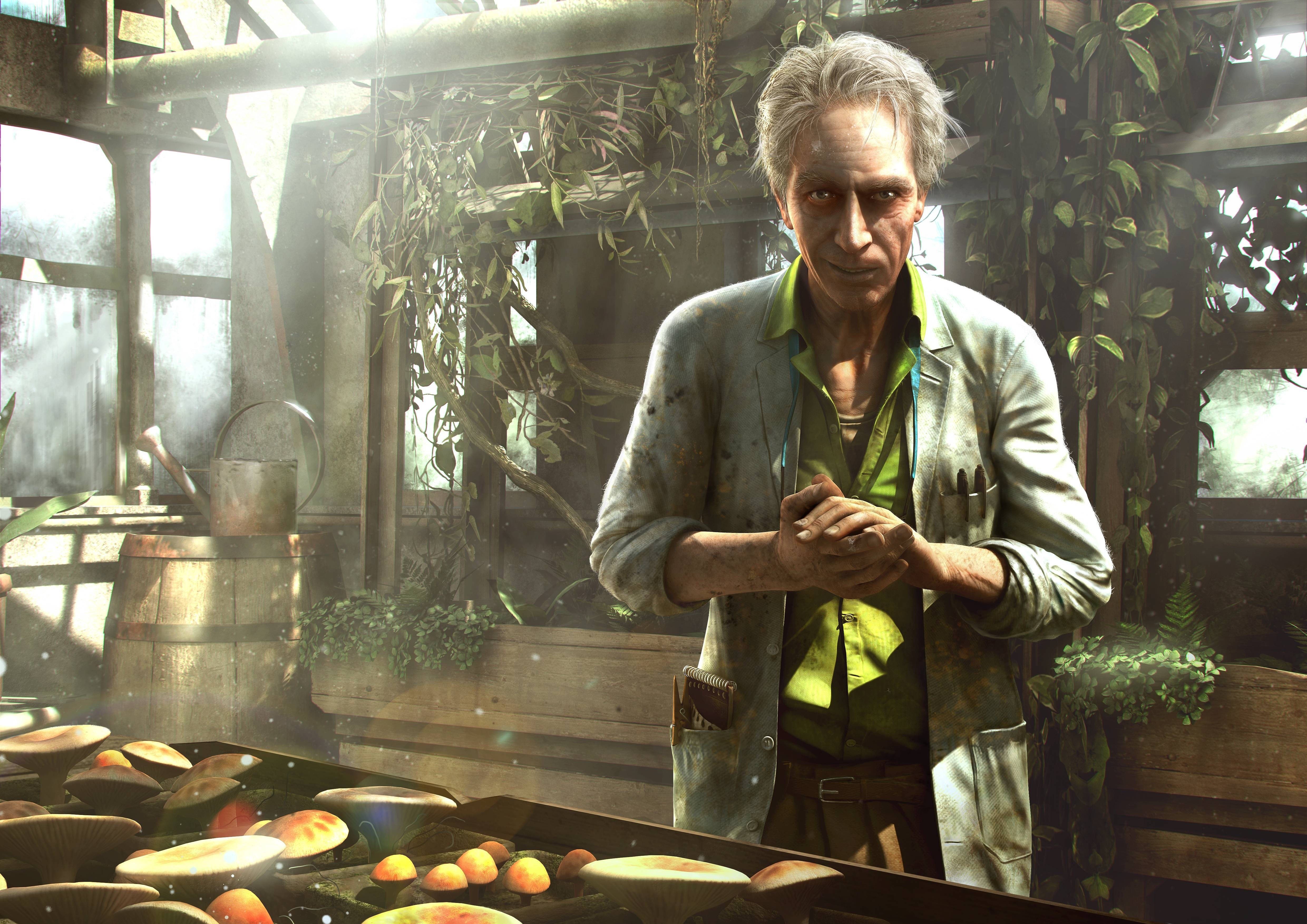 Far Cry 3 桌布 壁紙 — 一個飽經風霜的男人在溫室中，溫室裡掛滿藤蔓和發光蘑菇，柔和陽光灑落。