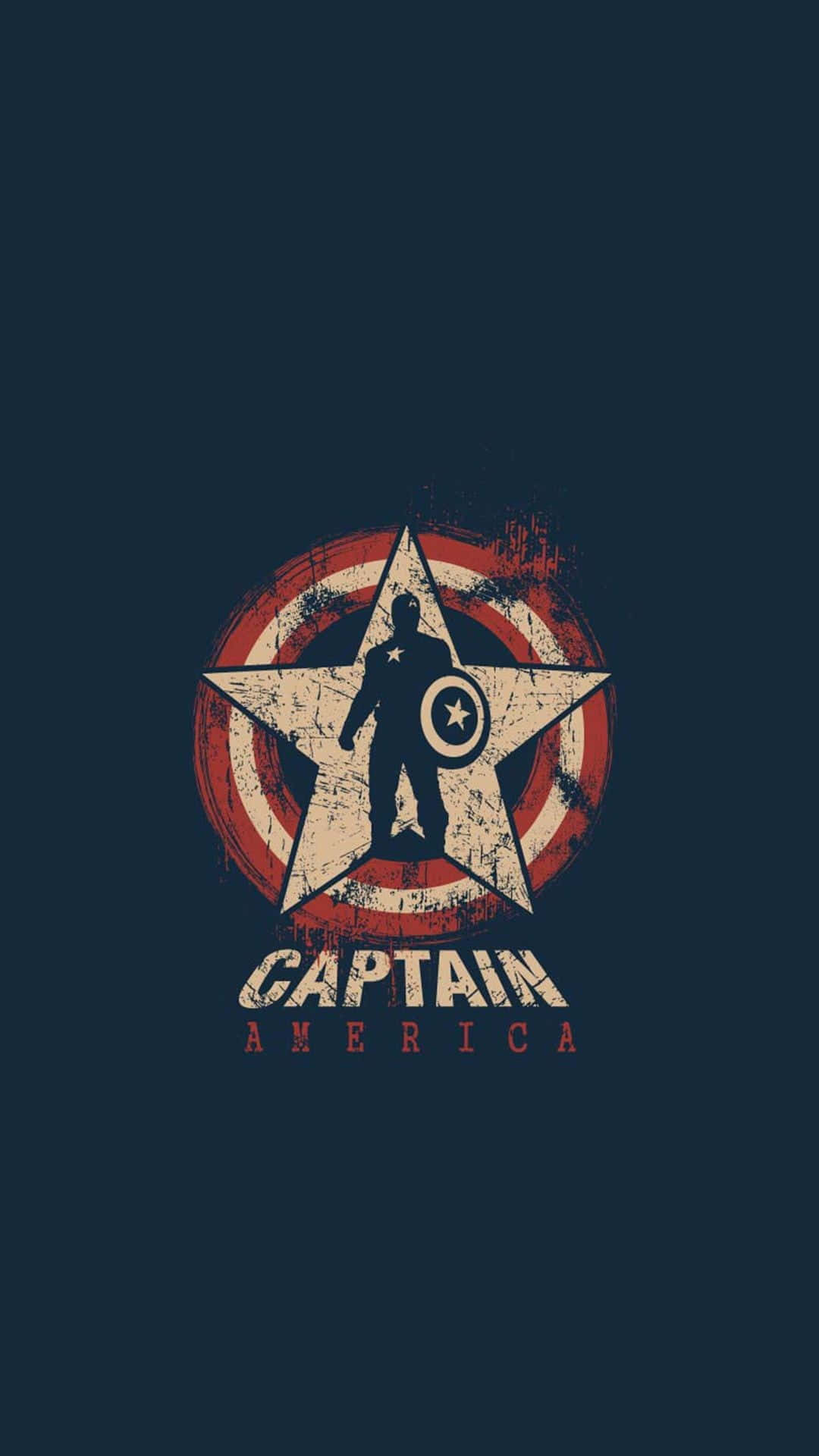 Retro Captain America 桌布 壁紙 — 一個飽經風霜的美國隊長剪影站在星形盾牌內，背景為深藍色。