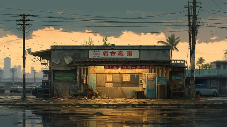 sunrise and Japanese store 壁紙 — 一個飽經風霜的路邊小吃攤，沐浴在金色的夕陽下，濕漉漉的路面倒映著天空和遠處的城市天際線。