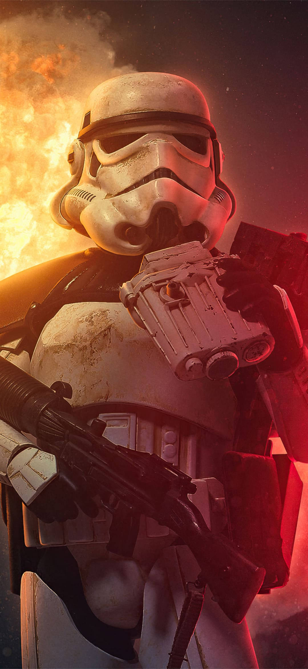 star wars iPhone 6 plus 桌布 壁紙 — 一個飽經風霜的風暴兵在滿天星斗的夜空下，挑釁地站在熾熱的爆炸面前。