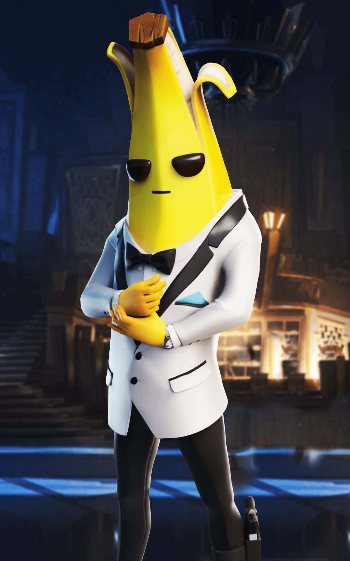 Fortnite Peely 桌布 壁紙 — 一個香蕉角色穿著白色燕尾服，自信地站在一個昏暗、帶有藍色發光裝飾的未來風格休息室中。