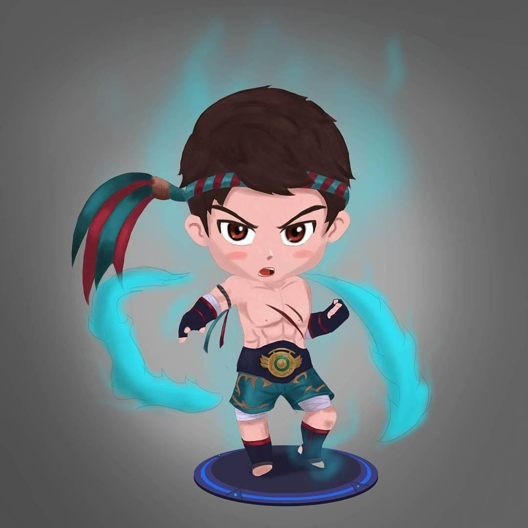 Mobile Legends 動態圖 桌布 壁紙 — 一個馬尾辮、散發藍色光芒的Q版戰士，站在圓形平台上準備就緒。
