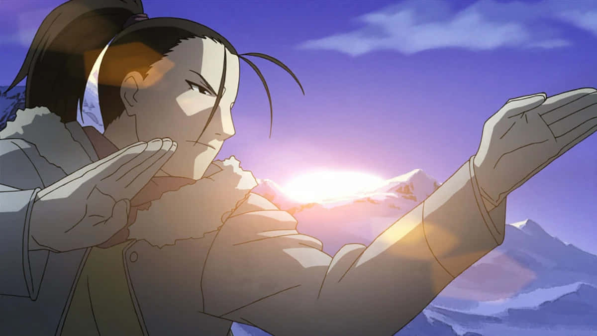 Izumi Curtis 桌布 壁紙 — 一個馬尾黑髮的動漫角色站在雪山背景下，太陽在他們身後升起，將溫暖的光線投射在他們伸出的雙手上。