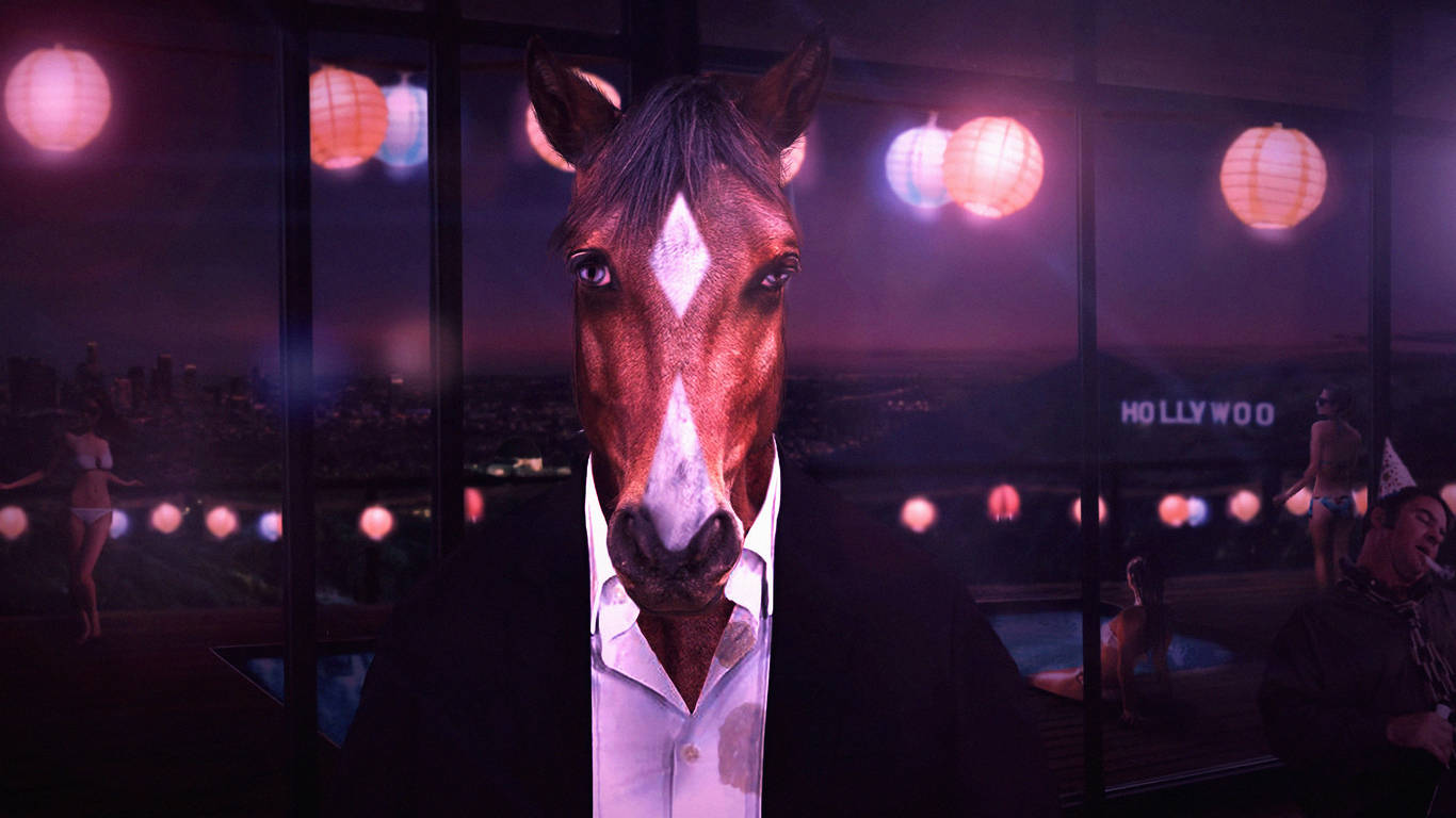 bojack 桌布 壁紙 — 一個馬頭人穿著西裝，在燈光昏暗的屋頂酒吧中，背景有發光的燈籠和好萊塢標誌，直視前方。