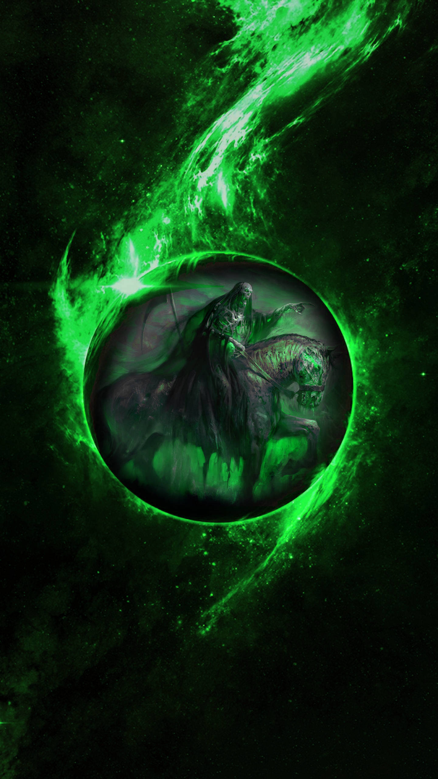 Death Knight 桌布 壁紙 — 一個騎在馬上的幽靈騎士從發光的綠色漩渦中出現，背景是宇宙的黑暗。