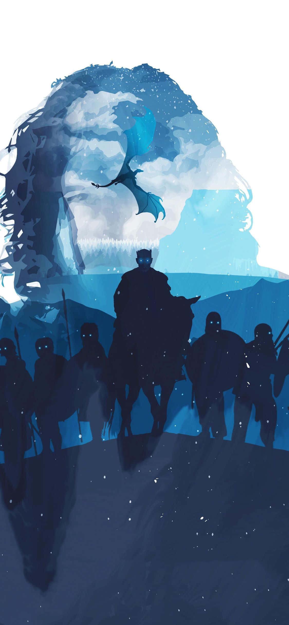 Game Of Thrones iPhone 桌布 壁紙 — 一個騎士和士兵的黑色剪影站在一條巨大的藍色龍面前，這條龍在白雪覆蓋的山脈上空翱翔。