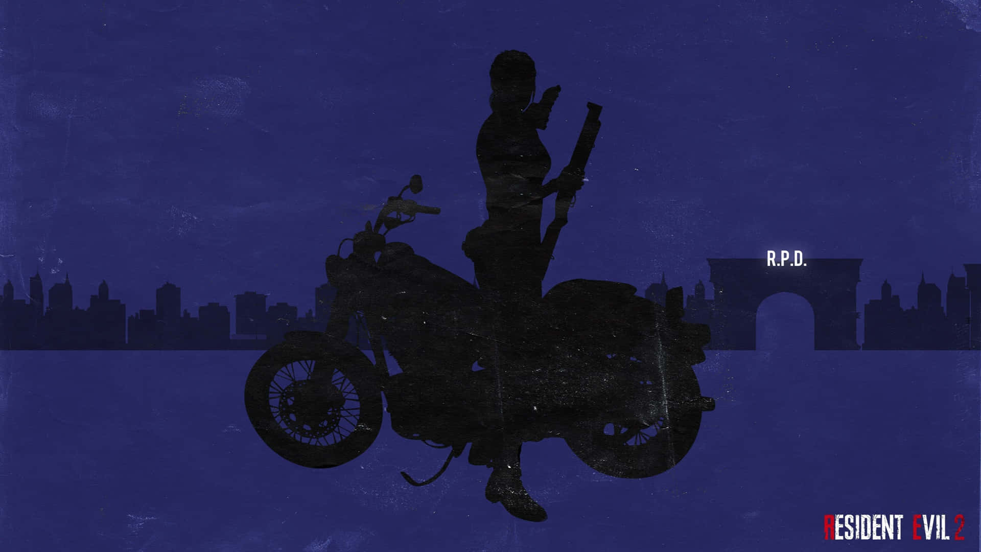 電玩遊戲 桌布 壁紙 — 一個騎著摩托車的人物剪影，手持武器，背景是深藍色的城市天際線，可見R.P.D.拱門。